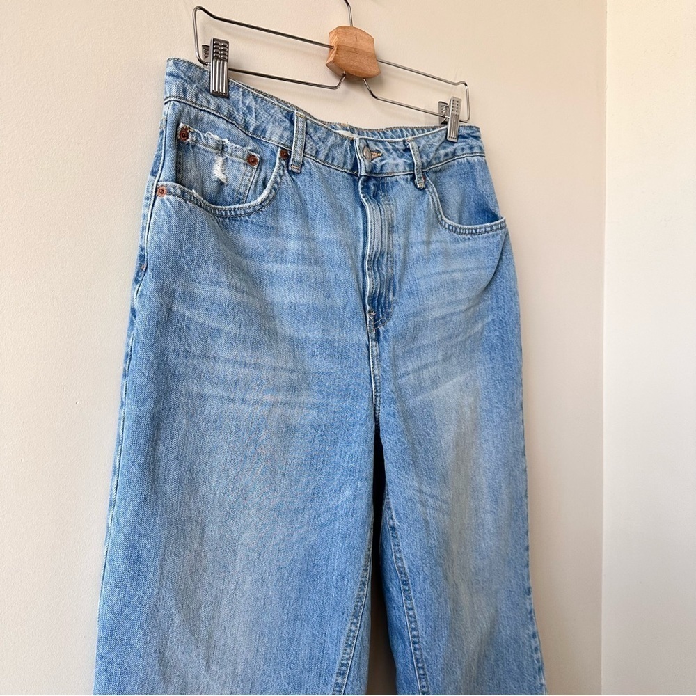 Topshop-Moto High Rise Medium Wash Wide Leg Raw Hem Jeans - Picture 6 of 12